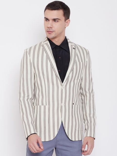 

Blackberrys Men Cream-Coloured & Brown Slim Fit Self Striped Casual Pure Cotton Blazer