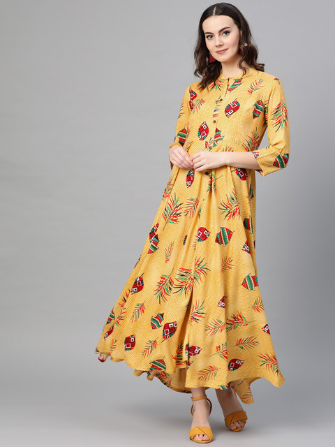 

Myshka Women Mustard Yellow & Red Printed A-Line Dress