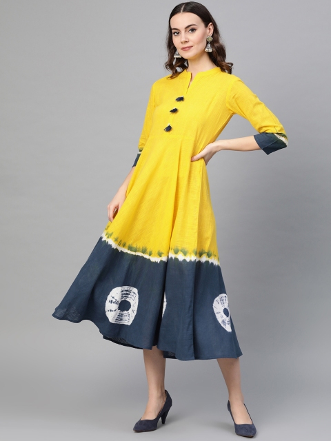 

Myshka Women Yellow & Navy Blue Dyed A-Line Dress