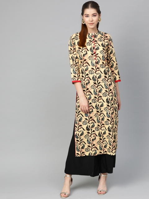 

Myshka Women Beige & Black Printed Straight Kurta