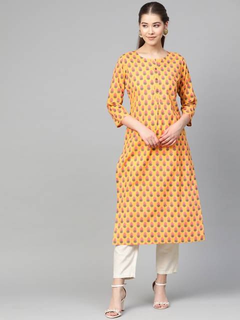 

Myshka Women Mustard Yellow & Pink Printed Straight Kurta