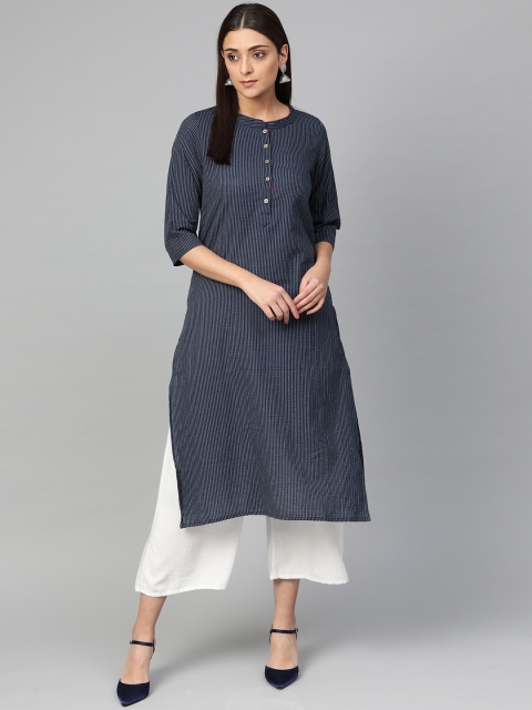

Myshka Women Navy Blue & White Self Striped Straight Kurta
