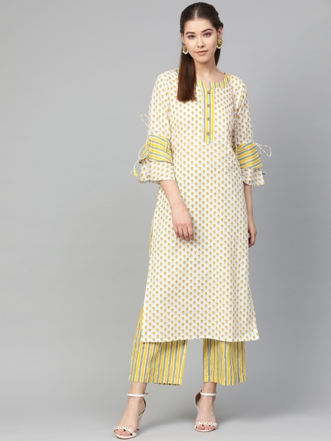 

Myshka Women White & Yellow Printed Kurta with Palazzos