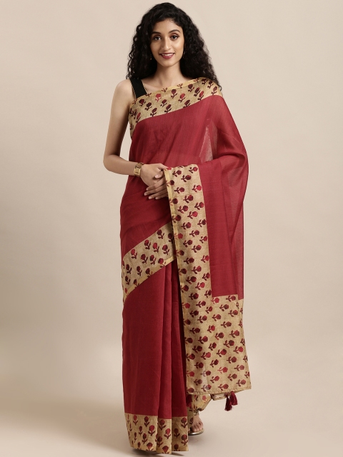 

Mitera Maroon & Beige Linen Blend Solid Saree