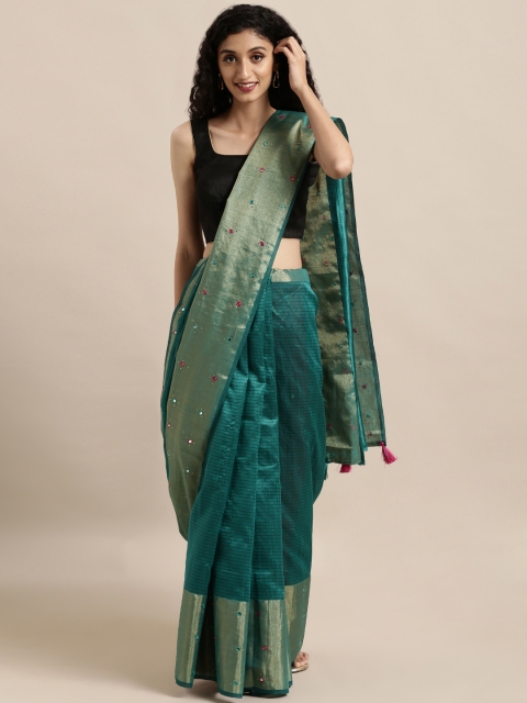 

Mitera Turquoise Blue Striped Silk Blend Saree With Mirror Work Detail