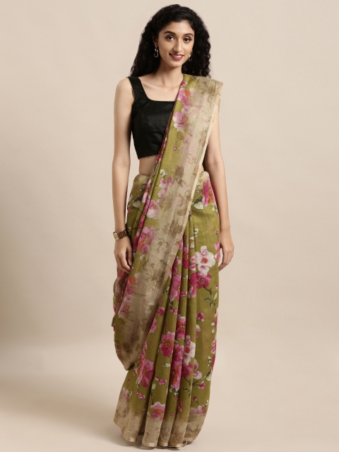 

Mitera Green & Beige Linen Blend Printed Saree