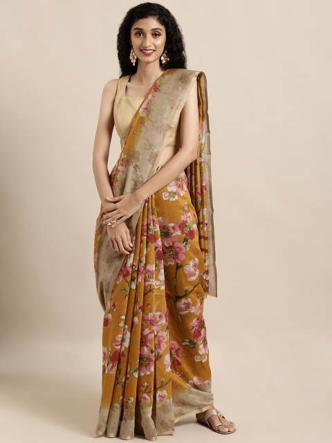 

Mitera Mustard Orange & Pink Linen Blend Printed Saree