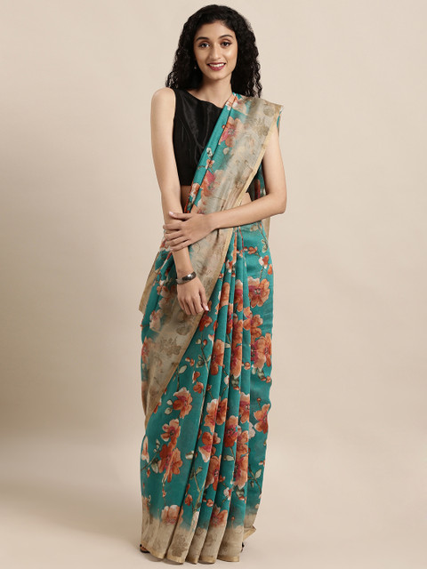 

Mitera Turquoise Blue Woven Design Linen Blend Saree
