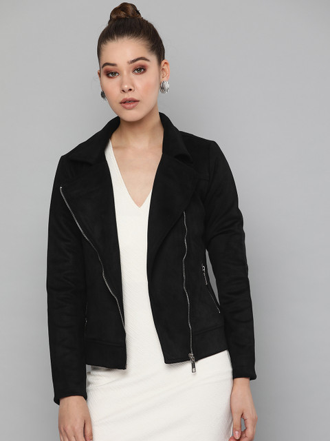 

Harpa Women Black Solid Asymmetric Closure Biker Jacket with Suede Finish