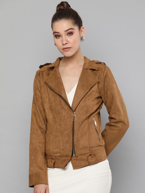 

Harpa Women Brown Solid Asymmetric Closure Suede Finish Tailored Jacket