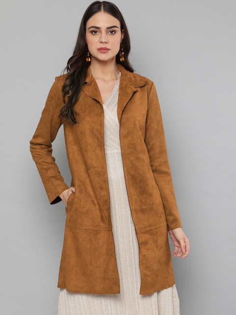 

Harpa Women Mustard Brown Solid Suede Finish Open Front Jacket