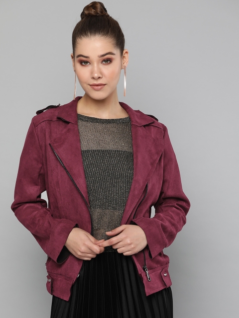 

Harpa Women Burgundy Solid Asymmetric Closure Biker Jacket with Suede Finish