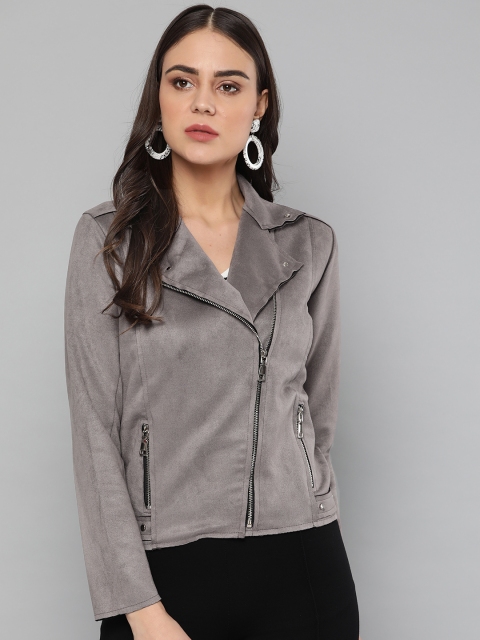 

Harpa Women Grey Solid Asymmetric Closure Suede Finish Tailored Jacket