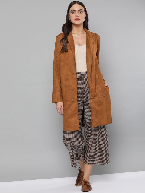 

Harpa Women Brown Solid Suede Finish Open Front Longline Jacket