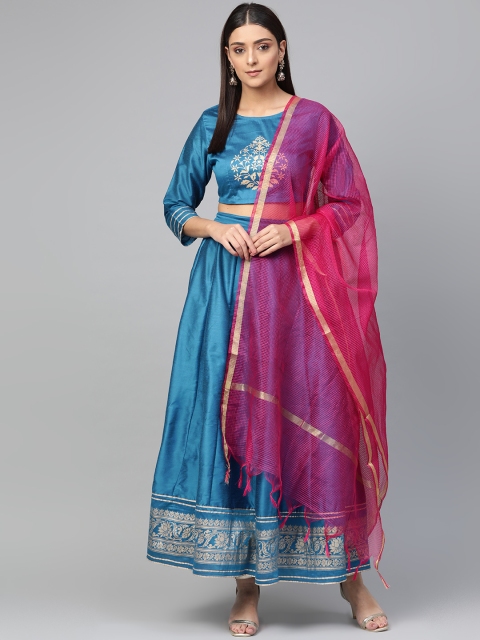 

Bhama Couture Blue & Pink Khari Print Ready to Wear Lehenga Choli with Dupatta, Teal