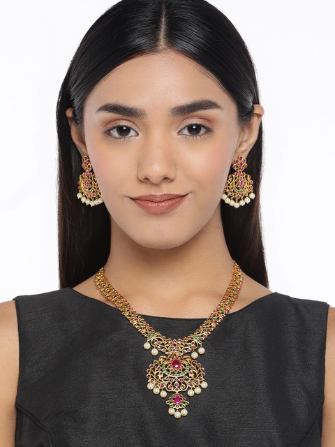 

Peora Gold-Plated Pink & Green Matte Finish Temple Jewellery Set