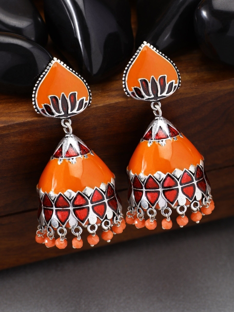

Peora Silver-Plated & Orange Dome Shaped Jhumkas