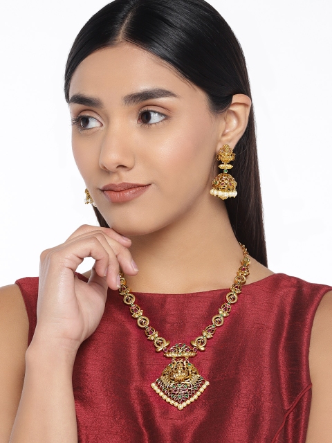 

Peora Gold-Plated Traditional CZ Stone-Studded Temple Jewellery Set