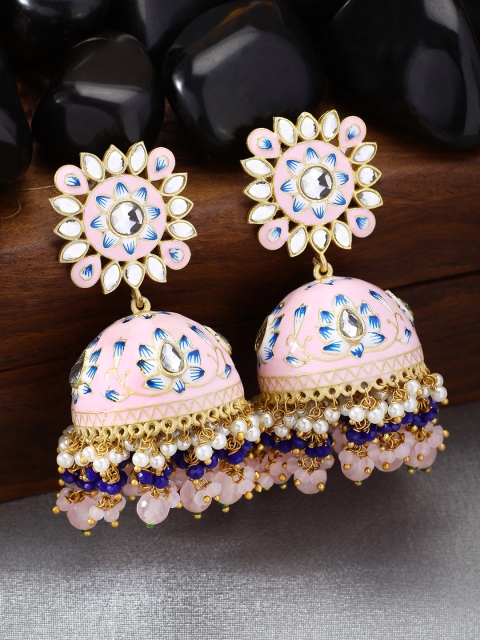 

Peora 18k Gold-Toned & Pink Dome Shaped Enamel Meenakari Handcrafted Jhumkas