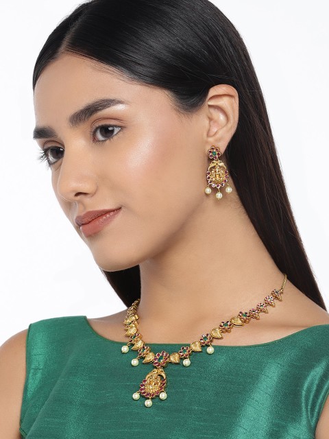 

Peora 18K Matte Gold-Toned Finish Ruby Emerald Temple Jewellery Set