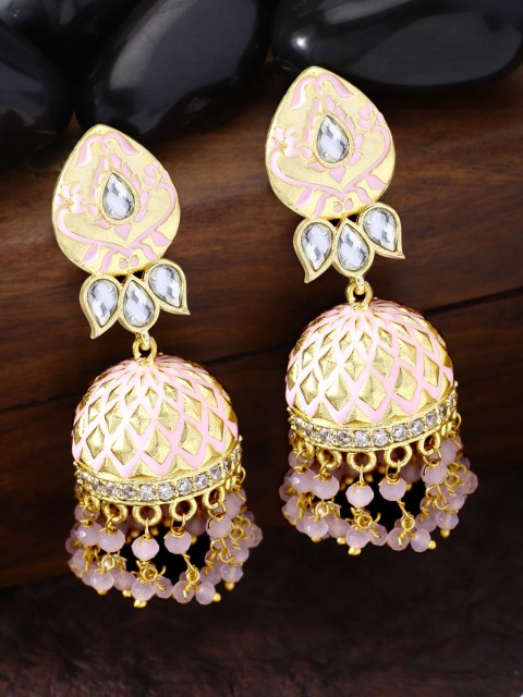 

Peora Gold-Plated & Pink Dome Shaped Kundan Jhumkas