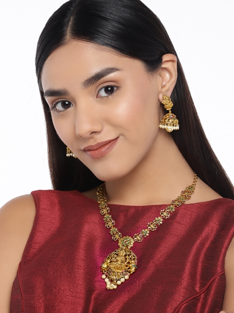 

Peora Gold-Plated CZ Stone-Studded Goddess Laxmi Temple Jewellery Set
