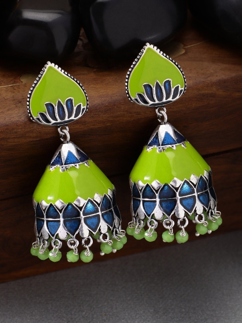 

Peora Silver-Toned & Green Floral Jhumkas