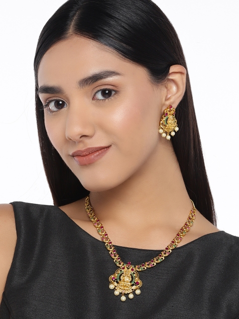 

Peora 18K Matte Gold-Toned & Pink Finish Temple Jewellery Set