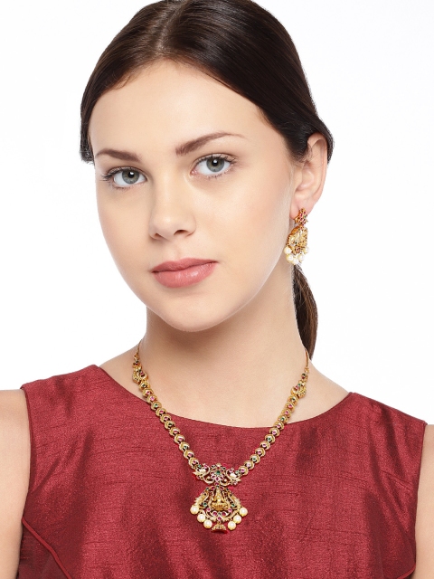 

Peora Gold-Plated Goddess Laxmi Design Copper CZ Stone-Studded Temple Jewellery Set