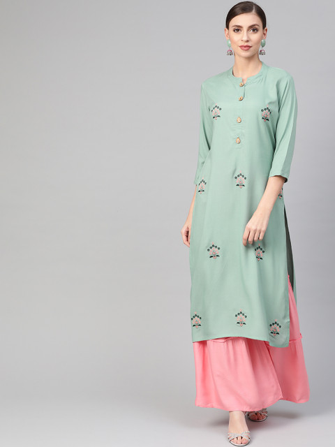 

ANAISA Women Green & Pink Embroidered Kurta with Sharara