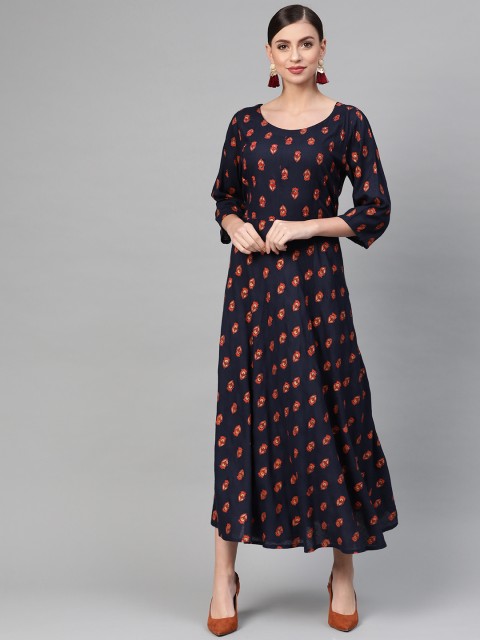 

ANAISA Women Navy & Orange Printed Maxi Dress, Navy blue