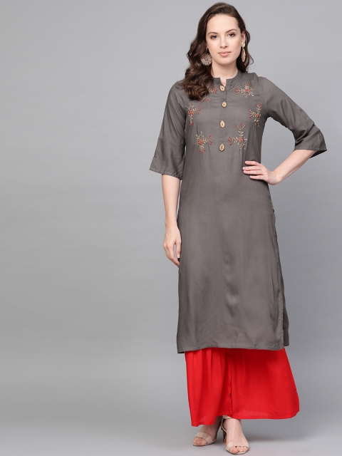 

ANAISA Women Charcoal Grey & Red Yoke Design Kurta with Sharara