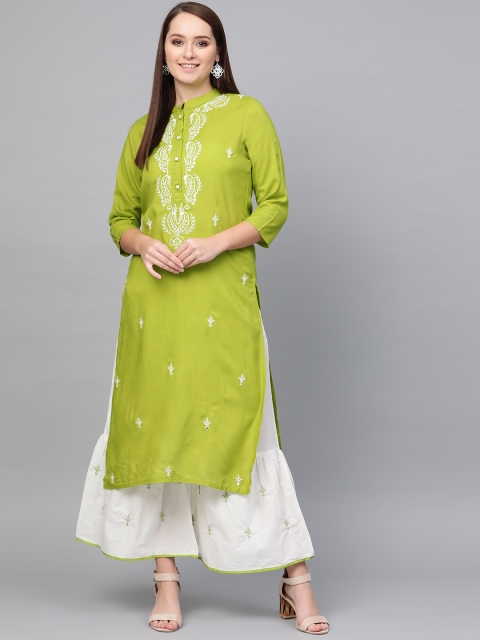

ANAISA Women Green & White Embroidered Kurta with Sharara