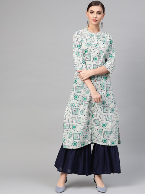 

ANAISA Women Grey & Navy Blue Printed Straight Kurta