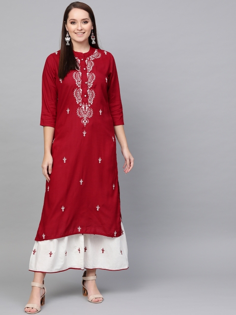 

ANAISA Women Maroon & White Embroidered Kurta with Sharara