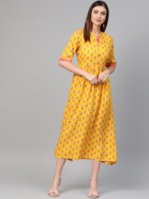 

ANAISA Women Mustard Yellow & Pink Printed A-Line Dress