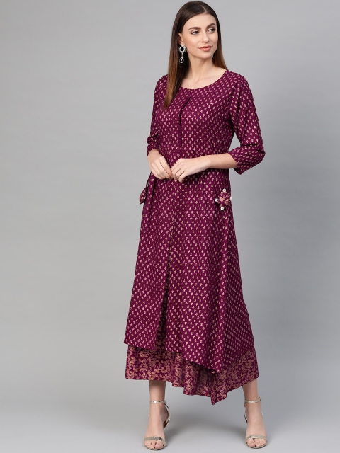 

ANAISA Women Burgundy & Golden Printed Layered Maxi Dress