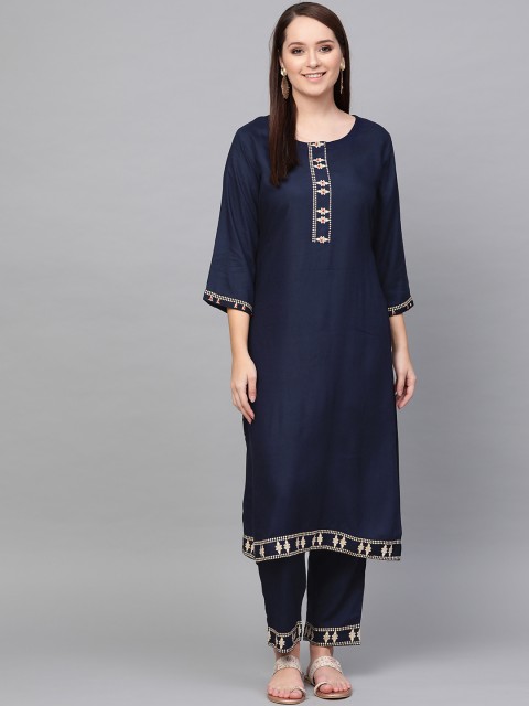 

ANAISA Women Navy Blue Yoke Design Kurta with Palazzos
