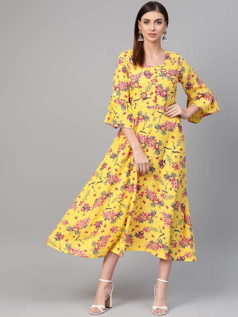 

ANAISA Women Yellow & Pink Floral Printed Maxi Dress