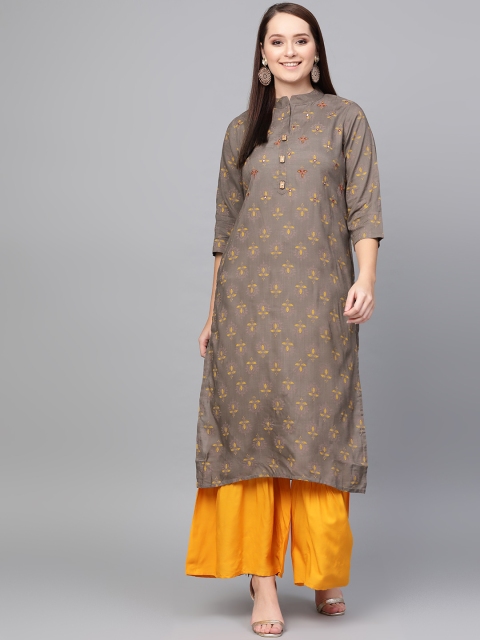 

ANAISA Women Taupe & Mustard Yellow Printed Kurta with Sharara