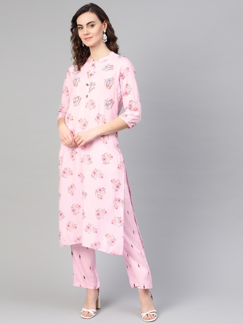 

ANAISA Women Pink & Brown Printed Kurta with Trousers