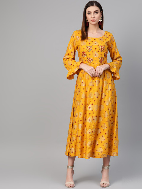 

ANAISA Women Mustard Yellow & Golden Printed A-Line Dress