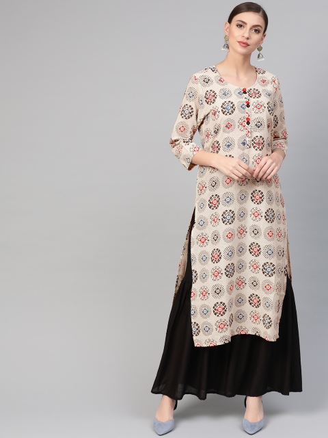

ANAISA Women Grey Melange & Black Printed Straight Kurta