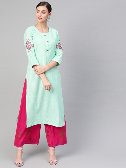 

ANAISA Women Blue & Pink Striped Kurta with Palazzos, Green