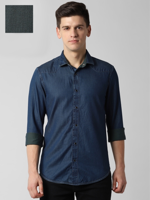 

Peter England Men Blue Slim Fit Solid Reversible Denim Casual Shirt