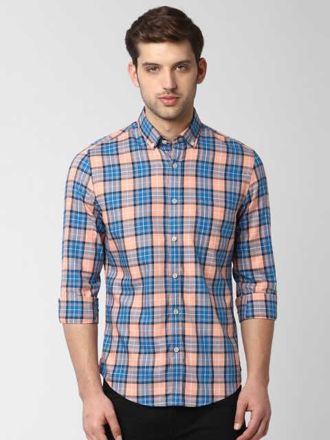 

Peter England Men Blue & Peach-Coloured Slim Fit Checked Casual Shirt