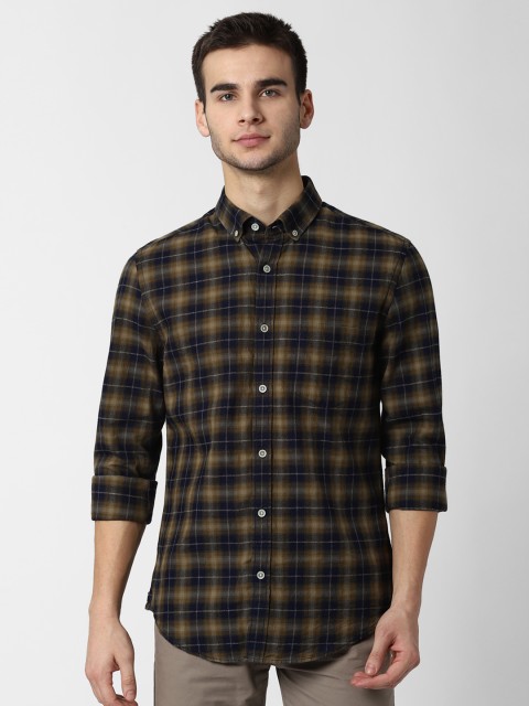 

Peter England Men Olive Green Slim Fit Checked Casual Shirt