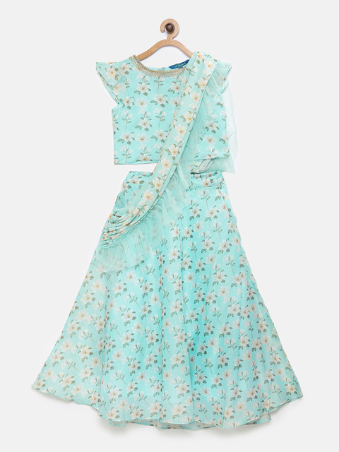 

Lil Peacock Girls Turquoise Blue & Beige Printed Ready to Wear Lehenga & Blouse with Dupatta