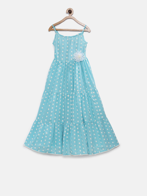 

Lil Peacock Girls Blue Embroidered Tiered Empire Dress