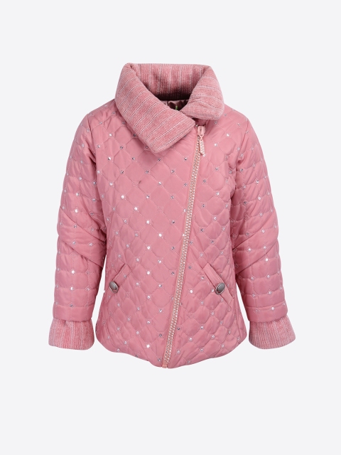 

CUTECUMBER Girls Pink Solid Embellished Quilted Jacket